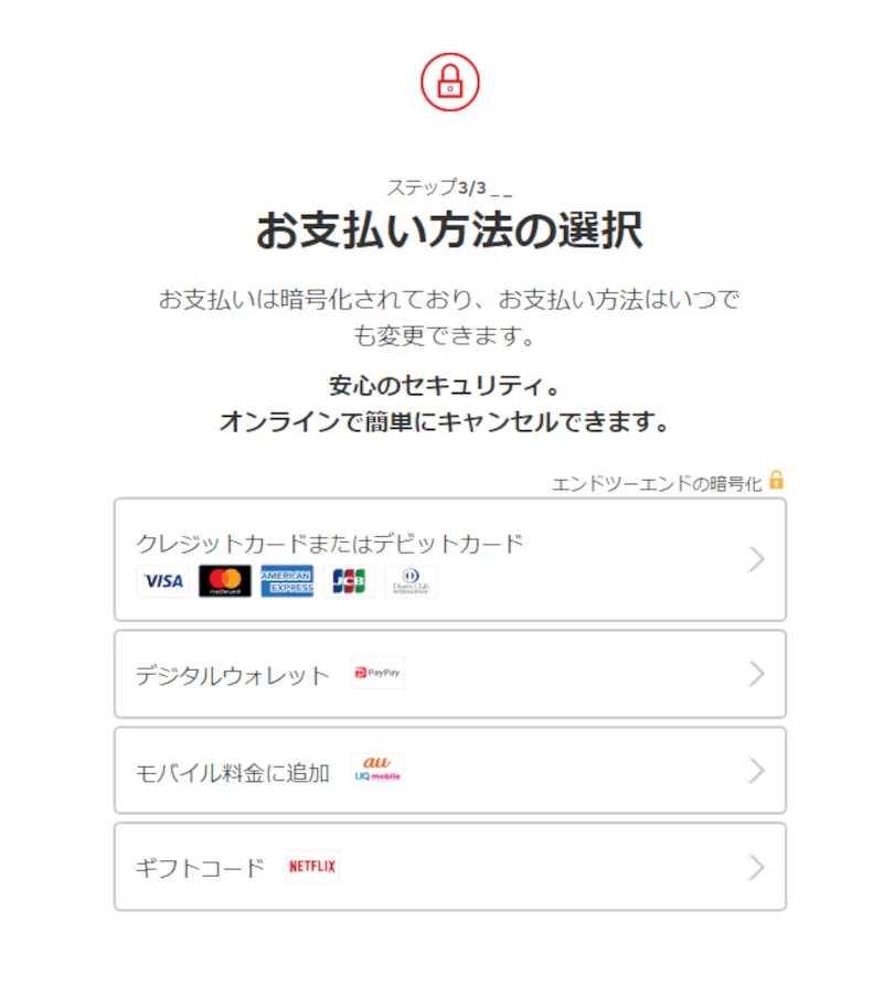 Netflix料金 支払い方法選択